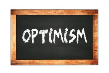 OPTIMISM text written on wooden frame school blackboard.