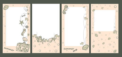 Design backgrounds for social media banner. Summer set of instagram vacation stories and post frame templates. Vector cover with doodle tourist elements.