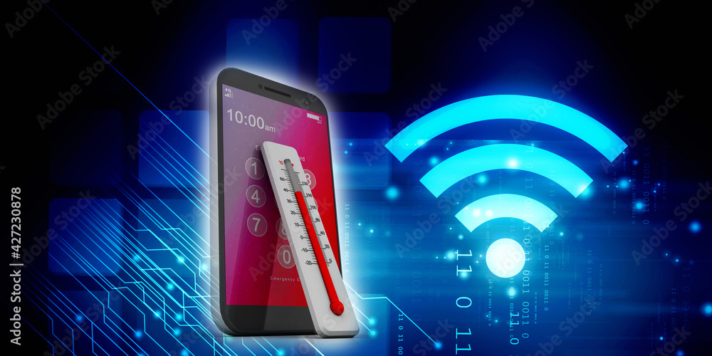 Poster 3d rendering fever checking thermometer with mobile