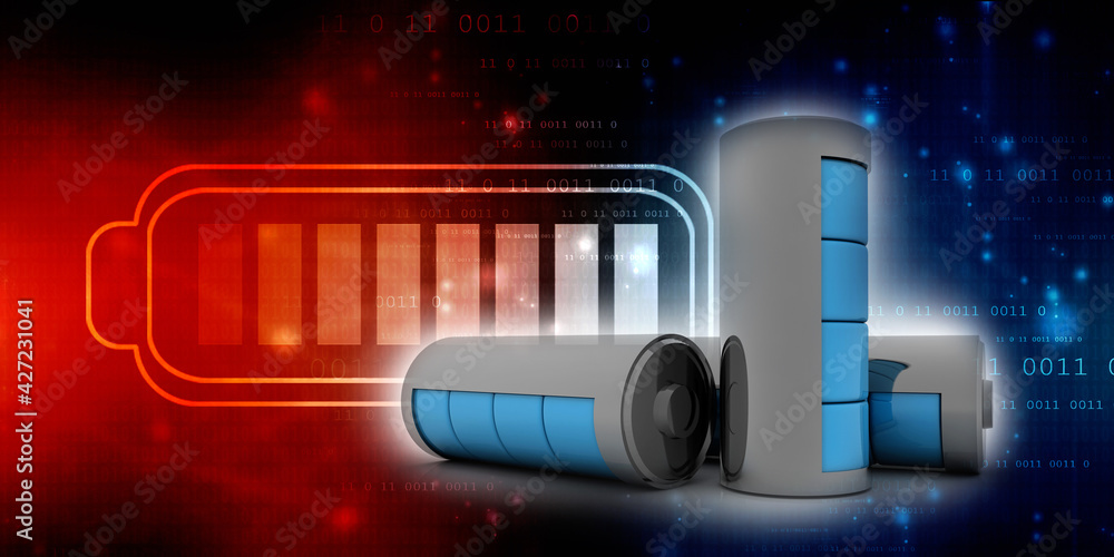 Poster 3d rendering electrical energy and power supply source concept, accumulator battery with charging le