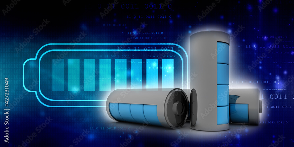 Poster 3d rendering electrical energy and power supply source concept, accumulator battery with charging le