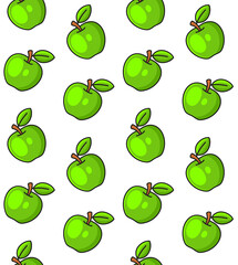 Green Apples Seamless Pattern on White Background. Vector