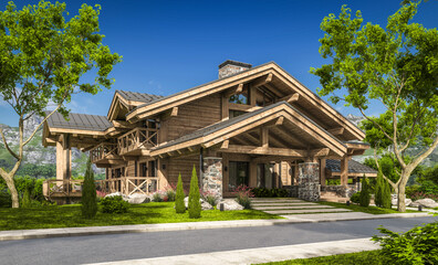 Fototapeta na wymiar 3d rendering of modern cozy chalet with pool and parking for sale or rent. Beautiful forest mountains on background. Massive timber beams columns. Clear sunny summer day with cloudless sky.
