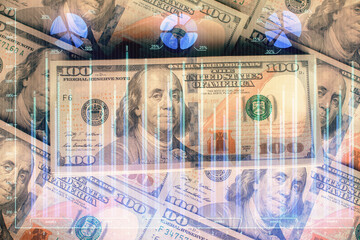 Multi exposure of forex chart drawing over us dollars bill background. Concept of financial success markets.