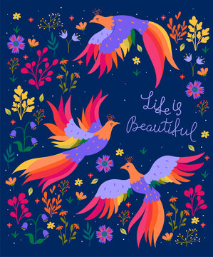 Postcard with fantastic birds and flowers and with the inscription life is beautiful. Vector graphics.