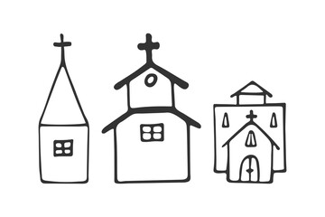 Hand-drawn set of churches isolated on white background. Religion and Christianity. Christian symbols. Vector illustration