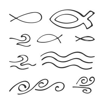 Hand-drawn set Christian icons fish and waves isolated on white background. Religion and Christianity. Christian symbols. Vector illustration