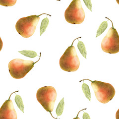 seamless pattern with yellow pears on white background, pear fruits with green leaves illustration watercolor hand painted