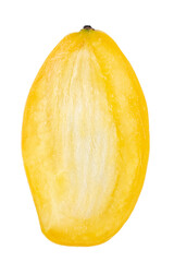 Vertical standing half of cutted ripe mango isolated on white background