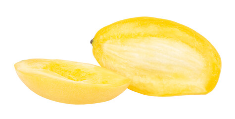 Two halves of cutted ripe mango isolated on white background