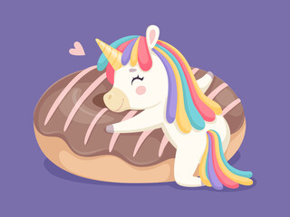 Sweet love. Cartoon unicorn hugging donut with chocolate glaze. Happy rainbow fantastic animal, cafe, bakery shop vector illustration