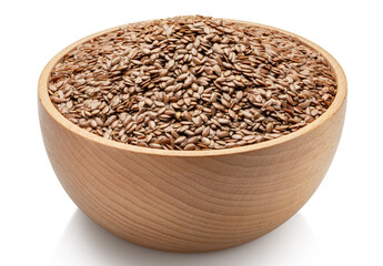 flax seeds in wooden bowl isolated on white