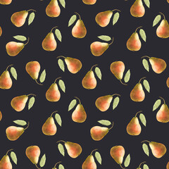 seamless pattern with yellow pears on a dark background, pear fruits with green leaves illustration watercolor hand painted