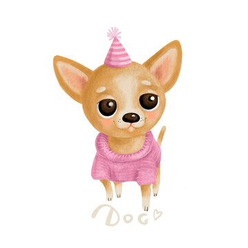 watercolor illustration Chihuahua dog in a pink sweater. hand painted on a white background. Cheerful, positive and festive sketch for poster, banner, print.