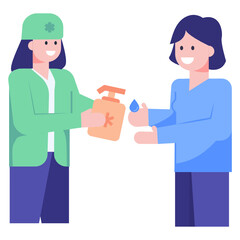 
Hand sanitizer for a lady by a doctor, flat vector 

