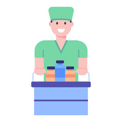
Doctor pushing medical  trolley with drugs, flat character vector 


