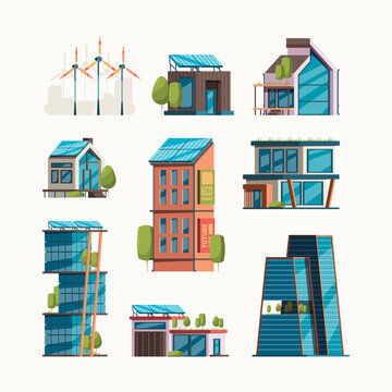 Eco friendly buildings. Smart city with future eco buildings and solar panels windmills garish vector flat orthogonal pictures collection isolated