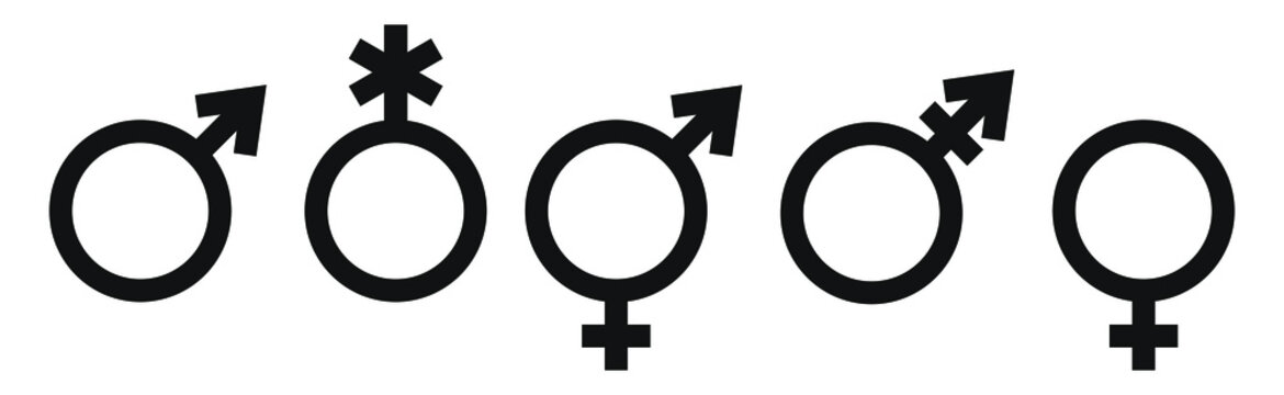 A set of gender identity symbols. The sign of a woman, a man, a non-binary gender identity, androgynous and intersex, transgender. Vector stock black icons isolated on a white background.