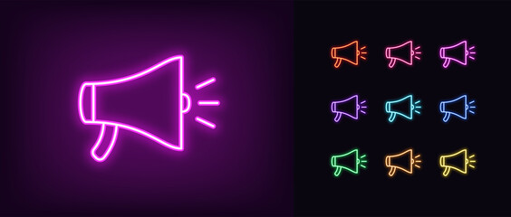 Neon loudspeaker icon. Glowing neon speaker sign, outline megaphone pictogram
