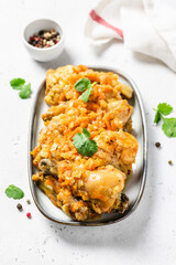 spicy moroccan chicken stew on a dish. Space for text, top view.
