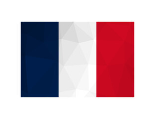 Vector isolated illustration. National french flag - vertical tricolour of blue, white, red. Official symbol of France. Creative design in low poly style with triangular shapes. Gradient effect.