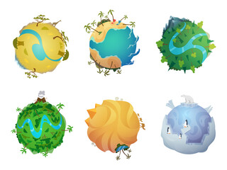 Cartoon planet. Earth visualization of different climatic zones cold and hot surface ice snow rocks sand desert lava volcano ocean water exact vector cartoon planets