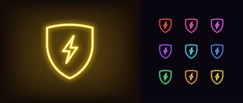 Neon electric shield icon. Glowing neon shield with lightning sign, outline charge pictogram