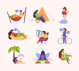 Simple lifestyle characters. Expensive family downshifting relax time freelancers working garish vector flat illustrations metaphores collection