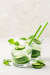 Herbal cucumber iced tea cocktail. Space for text.