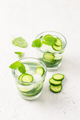 summer refreshing iced tea cucumber mint drink. Space for text, top view.