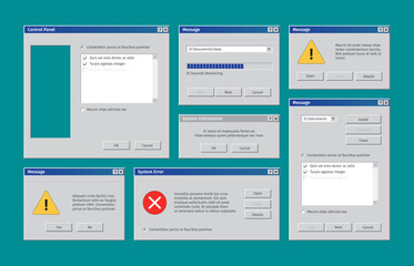Old web ui. Retro windows user interface alert boxes pop up tabs explorer window garish vector templates collection