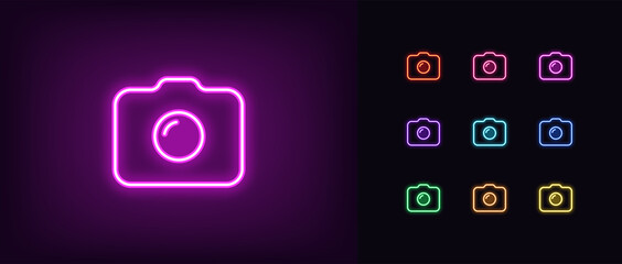 Neon photo camera icon. Glowing neon camera sign, outline photo shooting pictogram © Дмитрий Майер