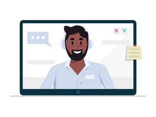 Video call. Man using computer for online video chat with friends, learning or remote working from home. Vector illustration.