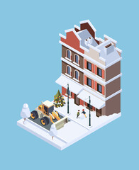 Snow cleaning. Storm winter cold weather vehicle urban ice cleaner garish vector isometric concept illustration 3d low poly