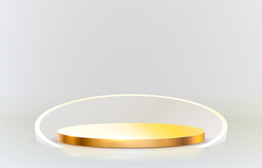 Golden stage podium with lighting, Stage Podium Scene with for Award Ceremony on grey Background. Vector