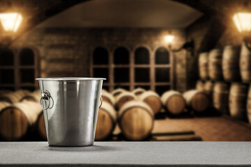 Table background of free space and old barrels 