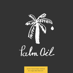 Hand-drawn Palm tree illustration for Virgin Red Palm Oil and label natural organic cosmetics. Isolated vector logo template of Palm Oil with pastel textured effect. Golden droplet. Handwritten emblem