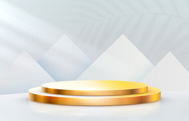 Golden stage podium with lighting, Stage Podium Scene with for Award Ceremony on grey Background. Vector
