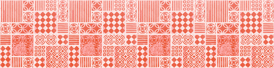 Red white vintage retro geometric square mosaic motif cement tiles texture background banner...
