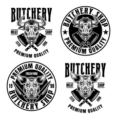 Obraz premium Set of four butchery shop vector emblems, badges, labels or logos in vintage monochrome style isolated on white background