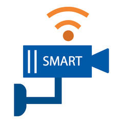 Flat smart cctv camera icon vector isolated on white background. A simple security camera shape with wi-fi symbol. Internet of things, cloud computing, smart technology concept design with blue color.
