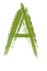 Buchstabe A mit grobem Pinsel gemalt, mit grüner Farbe auf weißem Hintergrund