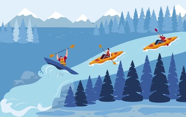 Kayak water, active tourism sports, river extreme, boys entertainment, leisure leisure, design, style cartoon vector illustration.