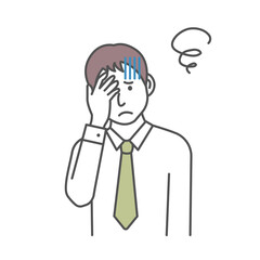 Vector illustration of a young businessman squeezing head ( oh my god, headache )