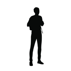 Vector silhouette man with backpack standing,  black color, isolated on white background