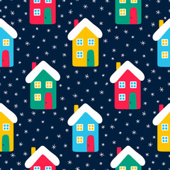 Vector seamless pattern wih houses and snowflakes. Cute winter illustration in flat style. Red, green, yellow, blue and white colors. Winter design background. Bright houses on black background. - 427237004