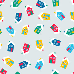 Vector seamless pattern wih houses. Cute winter illustration in flat style. Red, green, yellow, blue and white colors. Winter design background. Color house on light gray background. - 427237014
