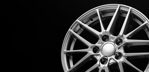 sporty lightweight alloy wheel, spokes and rim close-up on a black background, copy space