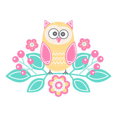 Vector hand drawn composition with owls and flowers. Illustration in flat style. Pastel colors - mint, pink, yellow, beige. Cute childish illustration for textile, cards, posters. - 427237084