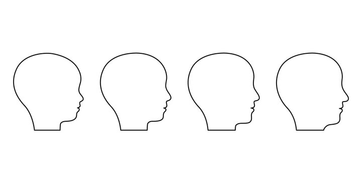 Age Stages From Child To Adult Old Man, Face Silhouette Profile. Outline Of Head Of Child, Teenager, Adult And Elderly. Face Change With Age. Vector Illustration